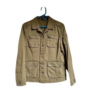 Guide Series Womens Olive Green Cotton Utility Button Up Military Jacket‎